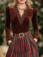 Elegant V-Neck Lace Long-Sleeved Velvet T-Shirt Paired with a Chic Red Plaid Skirt Set (Belt Included)