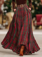 Elegant V-Neck Lace Long-Sleeved Velvet T-Shirt Paired with a Chic Red Plaid Skirt Set (Belt Included)