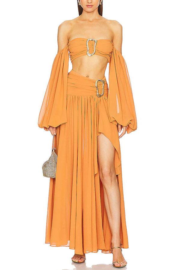 Flowy Asymmetric Draped Maxi Skirt Set - Chic Bohemian Vacation Wear in Cumin Brown