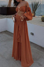 Flowy Asymmetric Draped Maxi Skirt Set - Chic Bohemian Vacation Wear in Cumin Brown