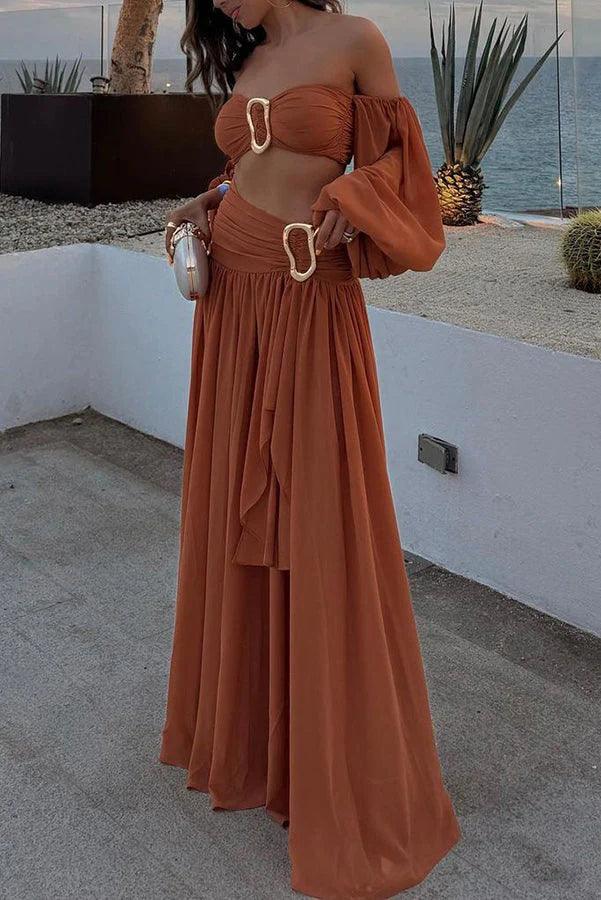 Flowy Asymmetric Draped Maxi Skirt Set - Chic Bohemian Vacation Wear in Cumin Brown