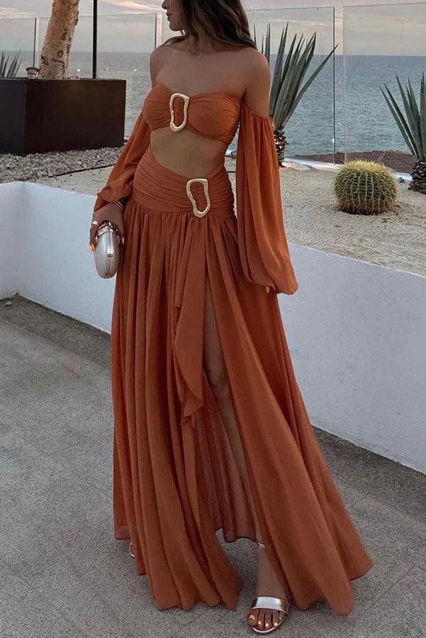Flowy Asymmetric Draped Maxi Skirt Set - Chic Bohemian Vacation Wear in Cumin Brown
