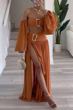 Flowy Asymmetric Draped Maxi Skirt Set - Chic Bohemian Vacation Wear in Cumin Brown