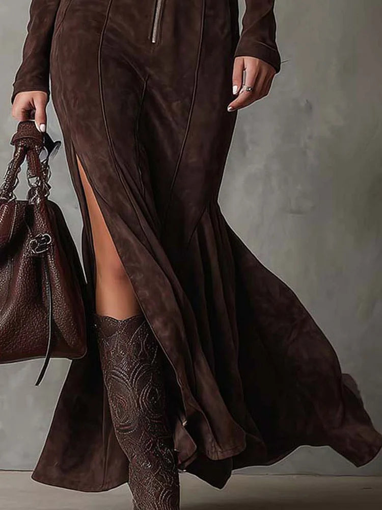 Vintage Brown Zipper Belted PU Suede Maxi Dress with Slit - Includes Belt