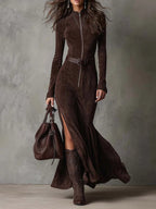 Vintage Brown PU Suede Maxi Dress with Zipper Front and Belt - Includes Belt