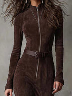 Vintage Brown PU Suede Maxi Dress with Zipper Front and Belt - Includes Belt