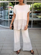 Elegant Lace Detail Hollow Crew Neck Short-Sleeved Top and Wide-Leg Pants Set - Premium Comfort and Style