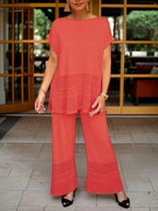 Elegant Lace Detail Hollow Crew Neck Short-Sleeved Top and Wide-Leg Pants Set - Premium Comfort and Style