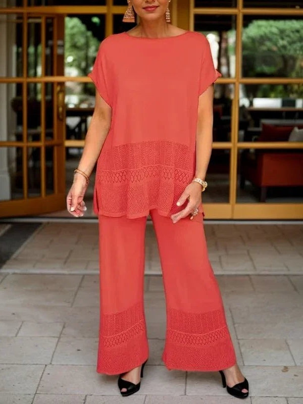 Elegant Lace Detail Hollow Crew Neck Short-Sleeved Top and Wide-Leg Pants Set - Premium Comfort and Style