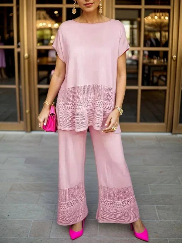 Elegant Lace Detail Hollow Crew Neck Short-Sleeved Top and Wide-Leg Pants Set - Premium Comfort and Style