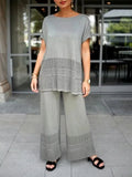 Elegant Lace Detail Hollow Crew Neck Short-Sleeved Top and Wide-Leg Pants Set - Premium Comfort and Style