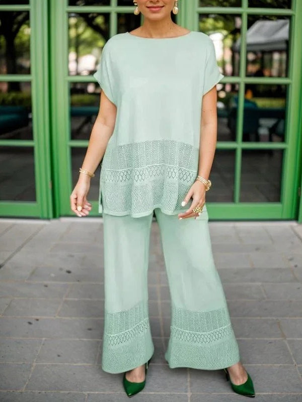 Elegant Lace Detail Hollow Crew Neck Short-Sleeved Top and Wide-Leg Pants Set - Premium Comfort and Style