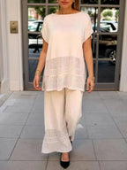 Elegant Lace Detail Hollow Crew Neck Short-Sleeved Top and Wide-Leg Pants Set - Premium Comfort and Style