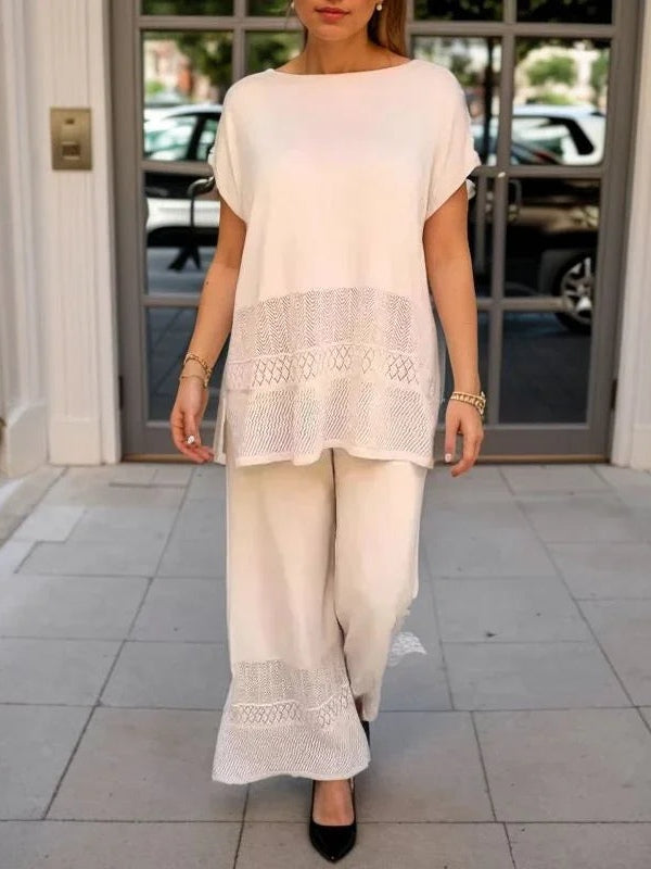 Elegant Lace Detail Hollow Crew Neck Short-Sleeved Top and Wide-Leg Pants Set - Premium Comfort and Style
