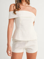 Elegant White Cotton and Linen Two-piece Suit - Cropped Top & Pants Set