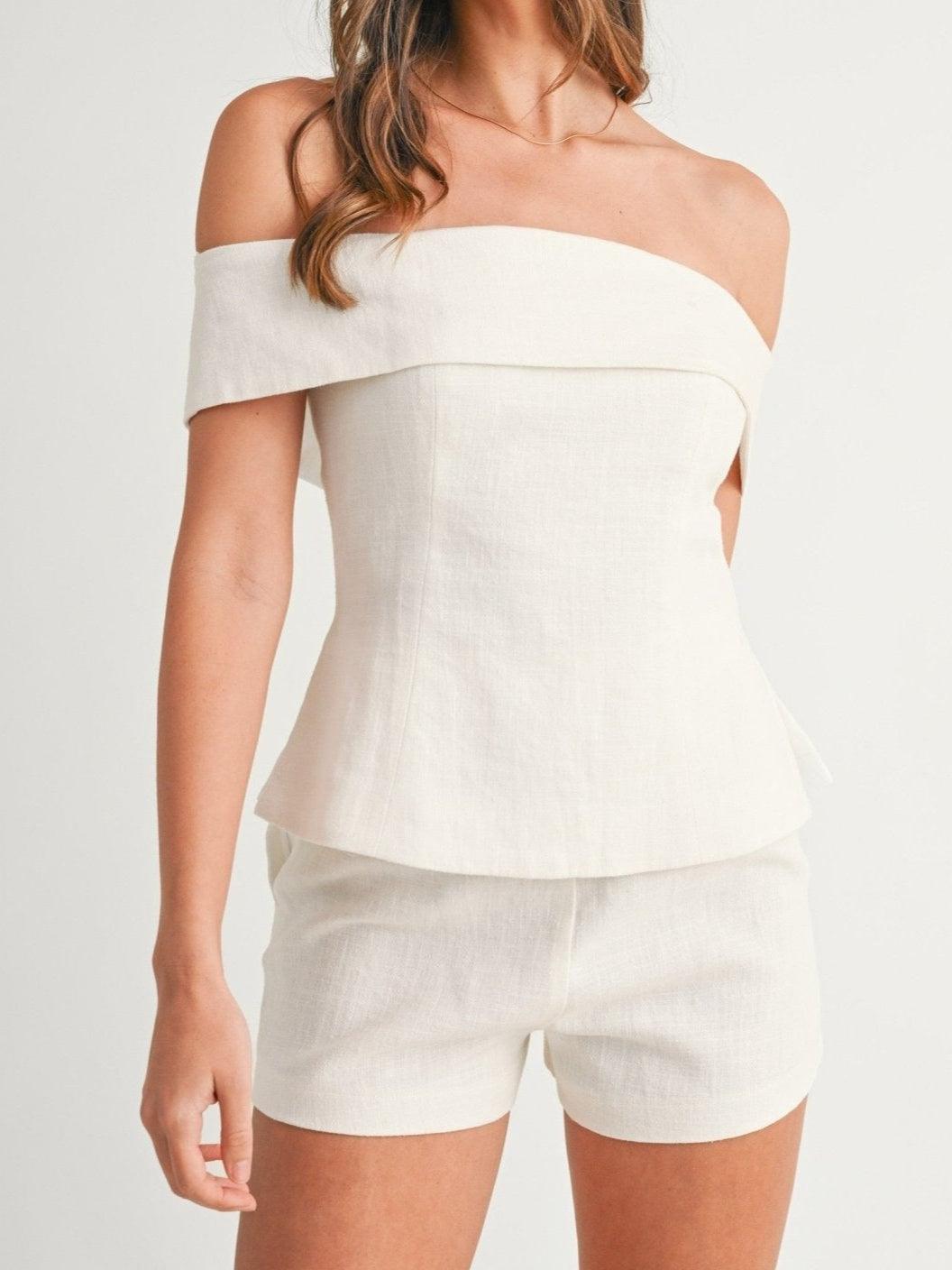 Elegant White Cotton and Linen Two-piece Suit - Cropped Top & Pants Set