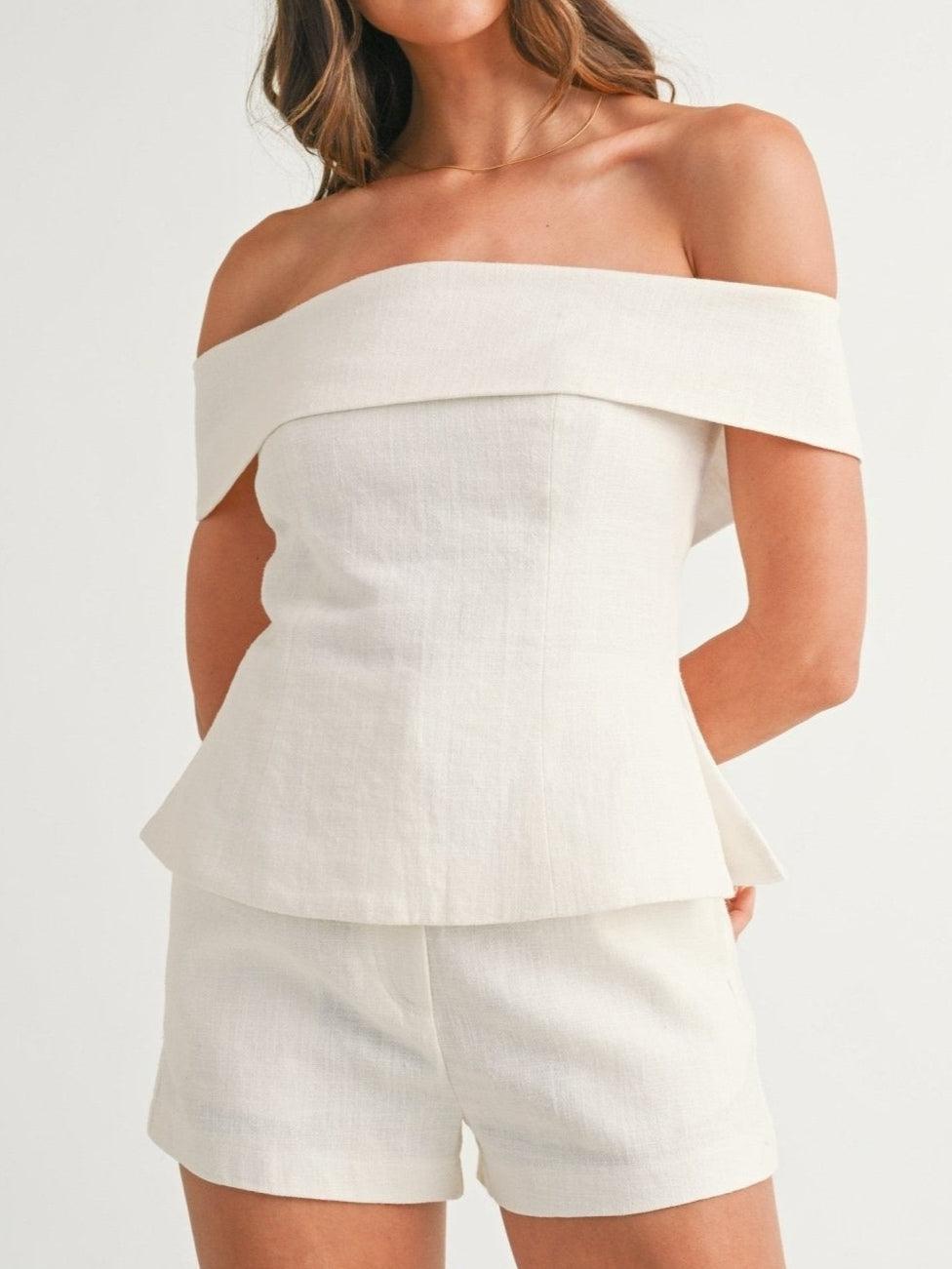 Elegant White Cotton and Linen Two-piece Suit - Cropped Top & Pants Set