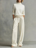 Elegant Women's Turtleneck Long Sleeve Top & Flowing Wide-Leg Pants Set with Waist Chain - Casual Autumn/Spring Outfit