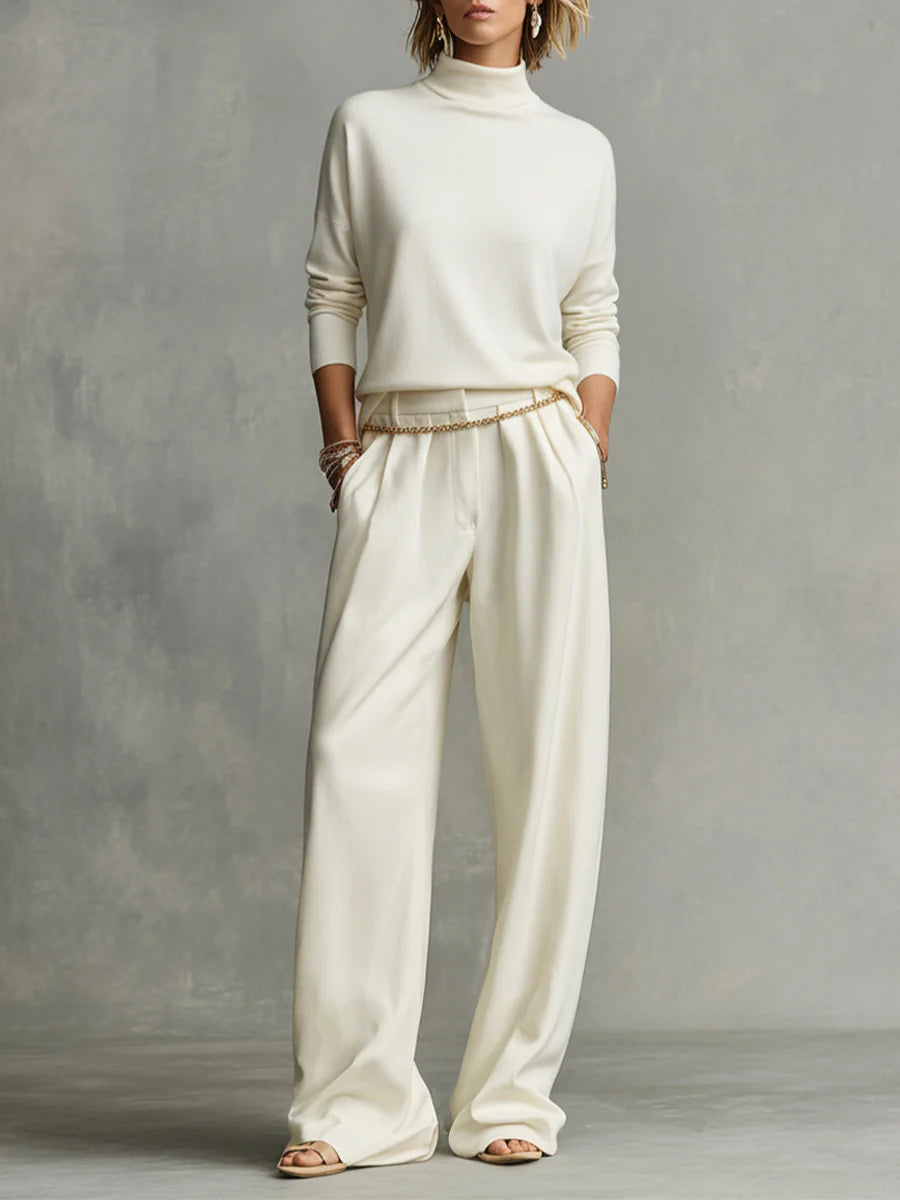 Elegant Women's Turtleneck Long Sleeve Top & Flowing Wide-Leg Pants Set with Waist Chain - Casual Autumn/Spring Outfit