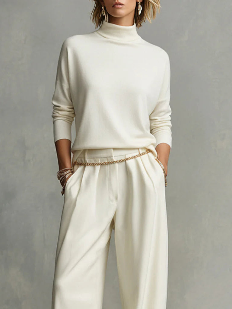 Elegant Women's Turtleneck Long Sleeve Top & Flowing Wide-Leg Pants Set with Waist Chain - Casual Autumn/Spring Outfit
