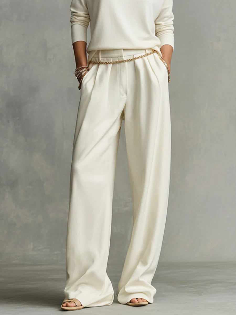 Elegant Women's Turtleneck Long Sleeve Top & Flowing Wide-Leg Pants Set with Waist Chain - Casual Autumn/Spring Outfit