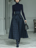 Elegant Dark Blue Turtleneck Stretch Top with Plaid Floor-Length Skirt Set - Chic & Comfortable All-Season Outfit