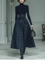 Elegant Dark Blue Turtleneck Stretch Top with Plaid Floor-Length Skirt Set - Chic & Comfortable All-Season Outfit