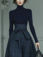 Elegant Dark Blue Turtleneck Stretch Top with Plaid Floor-Length Skirt Set - Chic & Comfortable All-Season Outfit