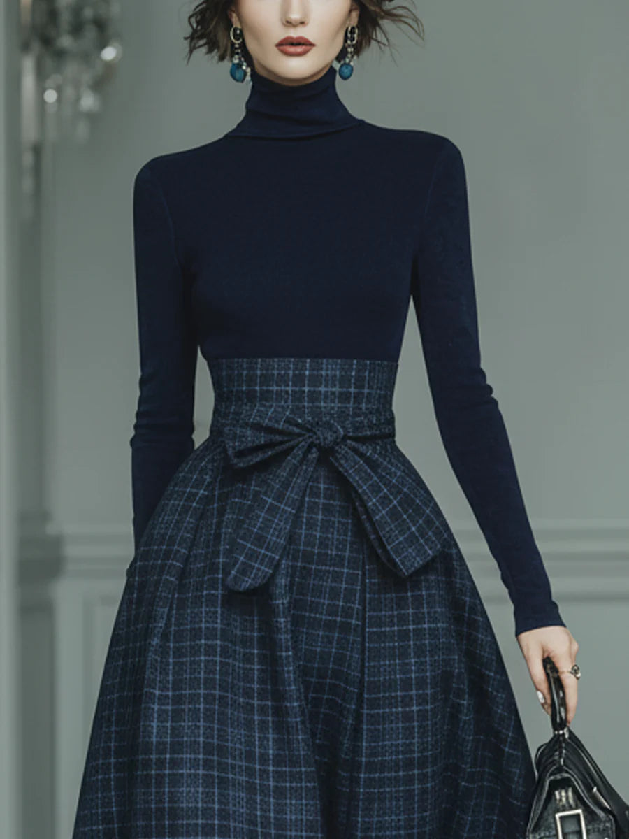 Elegant Dark Blue Turtleneck Stretch Top with Plaid Floor-Length Skirt Set - Chic & Comfortable All-Season Outfit