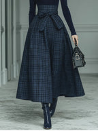 Elegant Dark Blue Turtleneck Stretch Top with Plaid Floor-Length Skirt Set - Chic & Comfortable All-Season Outfit