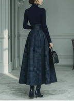 Elegant Dark Blue Turtleneck Stretch Top with Plaid Floor-Length Skirt Set - Chic & Comfortable All-Season Outfit