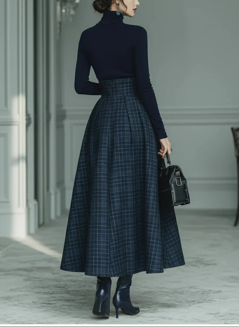 Elegant Dark Blue Turtleneck Stretch Top with Plaid Floor-Length Skirt Set - Chic & Comfortable All-Season Outfit