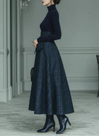 Elegant Dark Blue Turtleneck Stretch Top with Plaid Floor-Length Skirt Set - Chic & Comfortable All-Season Outfit