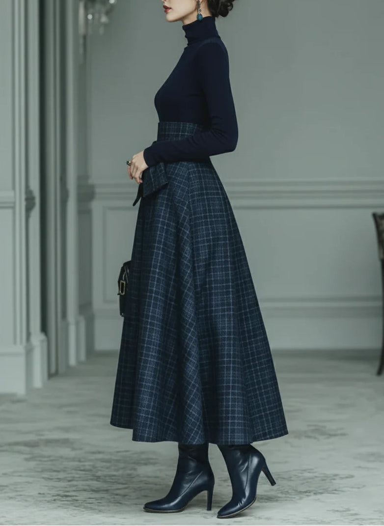 Elegant Dark Blue Turtleneck Stretch Top with Plaid Floor-Length Skirt Set - Chic & Comfortable All-Season Outfit