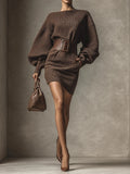 Women's Dark Brown Versatile Mini Dress - Slim Fit, Long Sleeve, V-Neck - Perfect for Layering