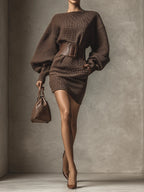 Women's Dark Brown Versatile Mini Dress - Slim Fit, Long Sleeve, V-Neck - Perfect for Layering