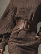 Women's Dark Brown Versatile Mini Dress - Slim Fit, Long Sleeve, V-Neck - Perfect for Layering