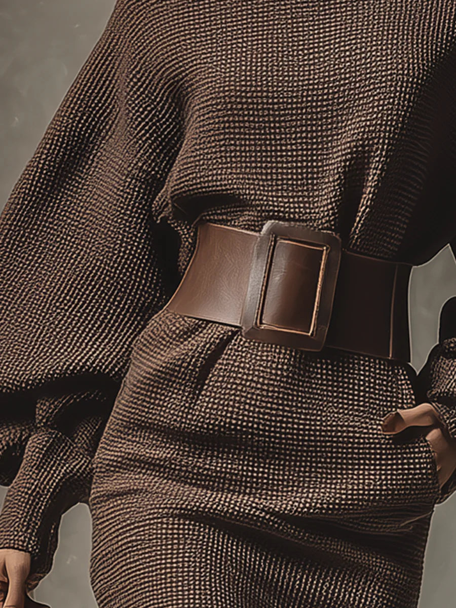 Women's Dark Brown Versatile Mini Dress - Slim Fit, Long Sleeve, V-Neck - Perfect for Layering