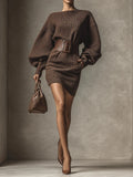 Women's Versatile Dark Brown Long-Sleeve V-Neck Mini Dress - Perfect for Layering