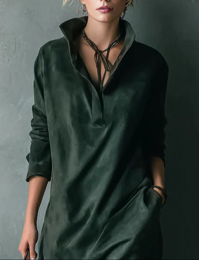 Women's Elegant Green Loose Suede Lapel Long Sleeve Midi Dress - Perfect for Fall & Winter
