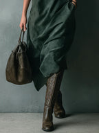 Women's Elegant Green Loose Suede Lapel Long Sleeve Midi Dress - Perfect for Fall & Winter