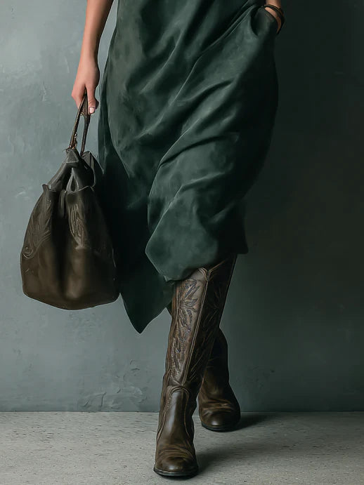 Women's Elegant Green Loose Suede Lapel Long Sleeve Midi Dress - Perfect for Fall & Winter