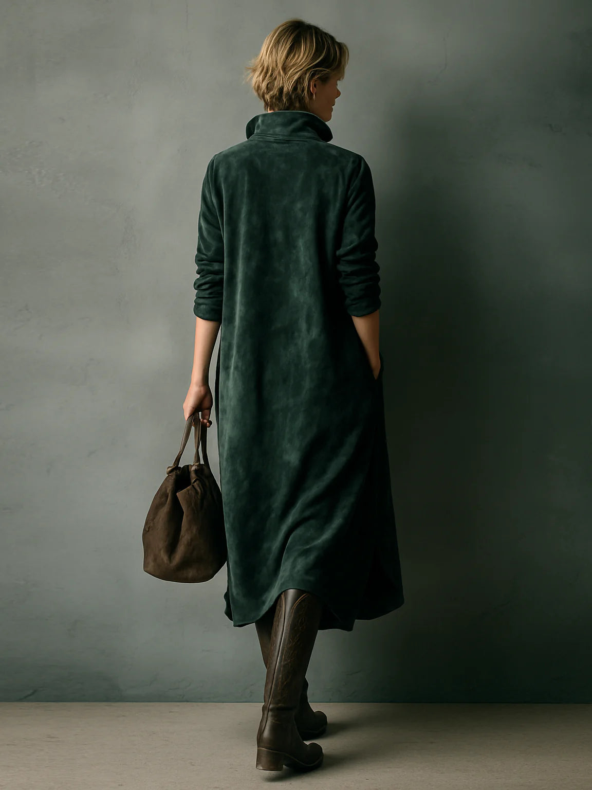 Women's Elegant Green Loose Suede Lapel Long Sleeve Midi Dress - Perfect for Fall & Winter