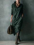 Women's Elegant Green Loose Suede Lapel Long Sleeve Midi Dress - Perfect for Fall & Winter