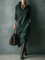 Women's Elegant Green Loose Suede Lapel Long Sleeve Midi Dress - Perfect for Fall & Winter
