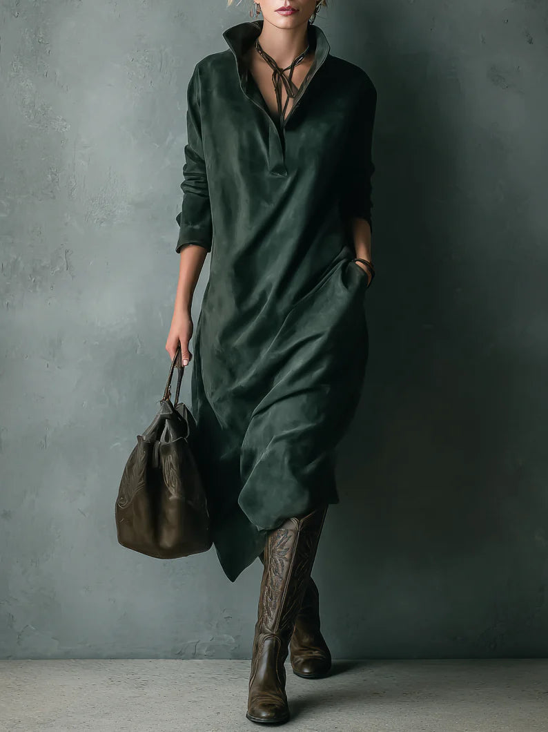 Women's Elegant Green Loose Suede Lapel Long Sleeve Midi Dress - Perfect for Fall & Winter