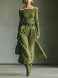 Elegant Olive Green Off-Shoulder Top & Faux Suede Midi Skirt Set with Belt - Perfect for All Seasons