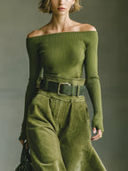 Elegant Olive Green Off-Shoulder Top & Faux Suede Midi Skirt Set with Belt - Perfect for All Seasons