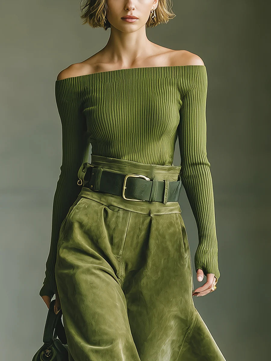 Elegant Olive Green Off-Shoulder Top & Faux Suede Midi Skirt Set with Belt - Perfect for All Seasons
