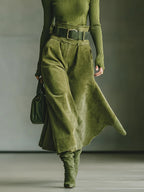 Elegant Olive Green Off-Shoulder Top & Faux Suede Midi Skirt Set with Belt - Perfect for All Seasons